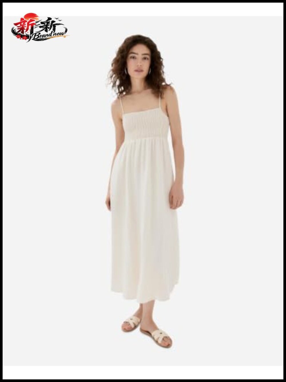 Lightweight Smocked Elastic Bodice Midi Dress with Pockets